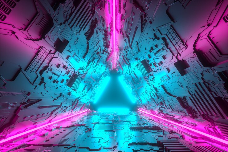 Фотография 3d иллюстрации. футуристический научно-фантастический туннельный коридор с неоновыми огнями. футуристическая и научно-фантастическая концепция.