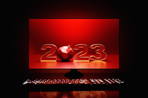 3d 그림 IT 분야에서 2023년 새해와 크리스마스의 개념을 가진 축하 새해 카드 형태로 데스크탑의 모니터가 있는 강력한 개인용 컴퓨터의 게이머