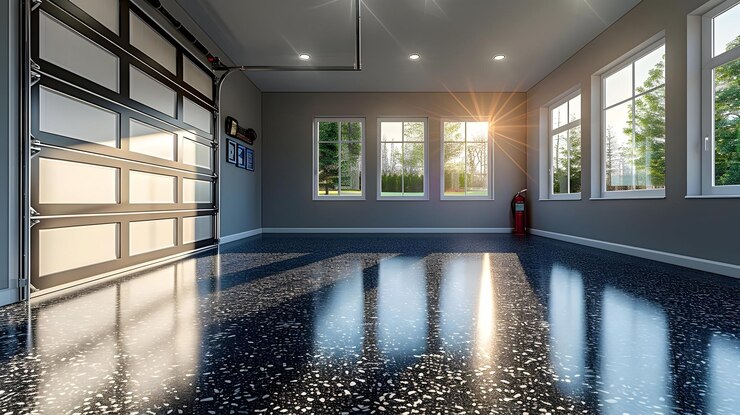 3D Illustration of a Garage with Black and White Epoxy Flooring and Windows