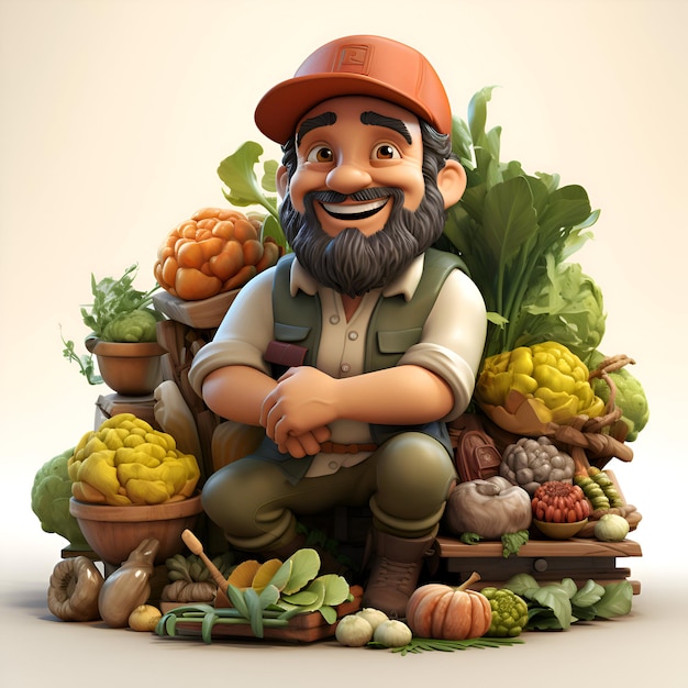 3D Illustration of a Gardener with a lot of vegetables