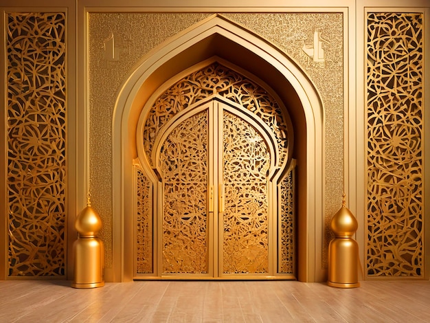 3d illustration gate entrance islamic ornament gold texture for background ramadan High resolution