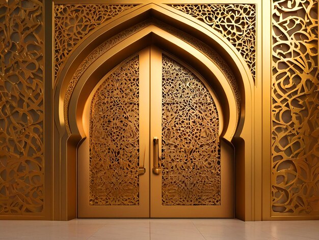 Photo 3d illustration gate entrance islamic ornament gold texture for background ramadan high resolution