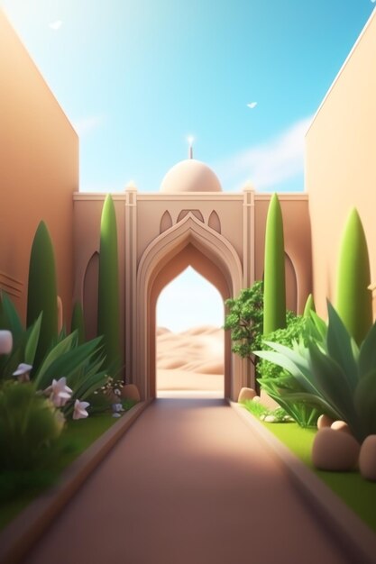 A 3d illustration of a gate with a palm tree in the middle.