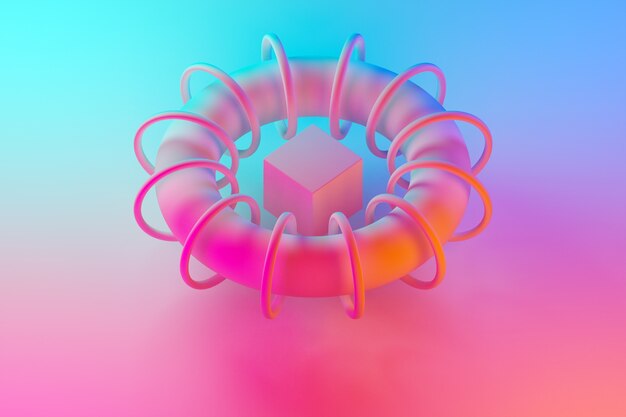 3d illustration of geometric volumetric shapes, a cube inside the arc with hoops with a shadow under a blue-pink neon color. Optional construction