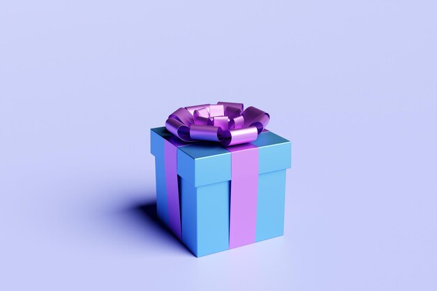 3d illustration of gift in a beautiful purple packaging box a satin ribbon bow on a blue background holiday attributes gift set