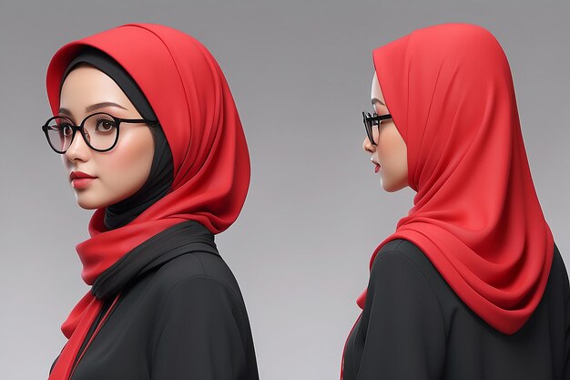 3D Illustration girl profile character wearing red clothes and black hijab and glasses