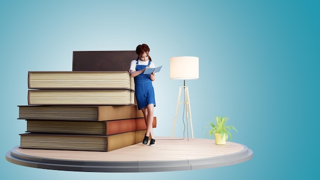 3d illustration Girl reading a book leaning against a pile of books 3D render