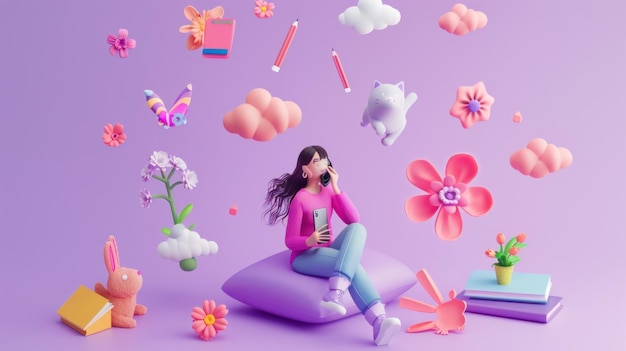 雲の上でリラックスしている女の子と周囲の要素の3Dイラスト