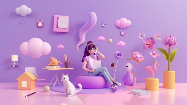 ピンクの部屋でリラックスしている女の子の3Dイラスト