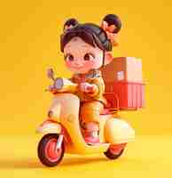 Photo 3d illustration of a girl riding a scooter with a box in the basket in 32k uhd style yellow backgr