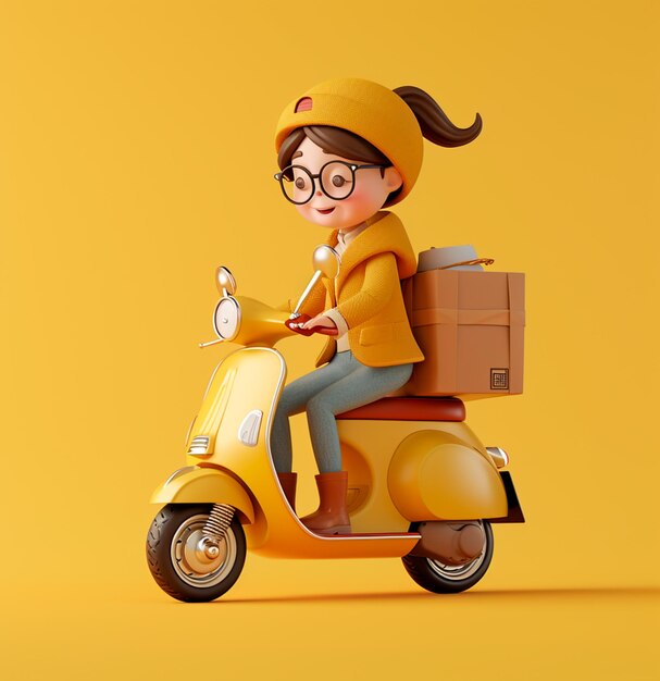 Photo 3d illustration of a girl riding a scooter with a box in the basket in 32k uhd style yellow backgr