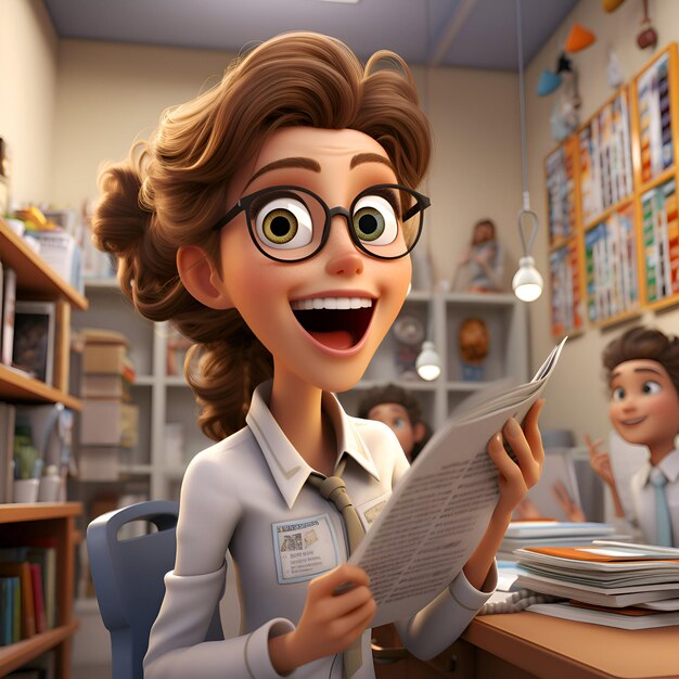 3d illustration of a girl with glasses reading a book in the library