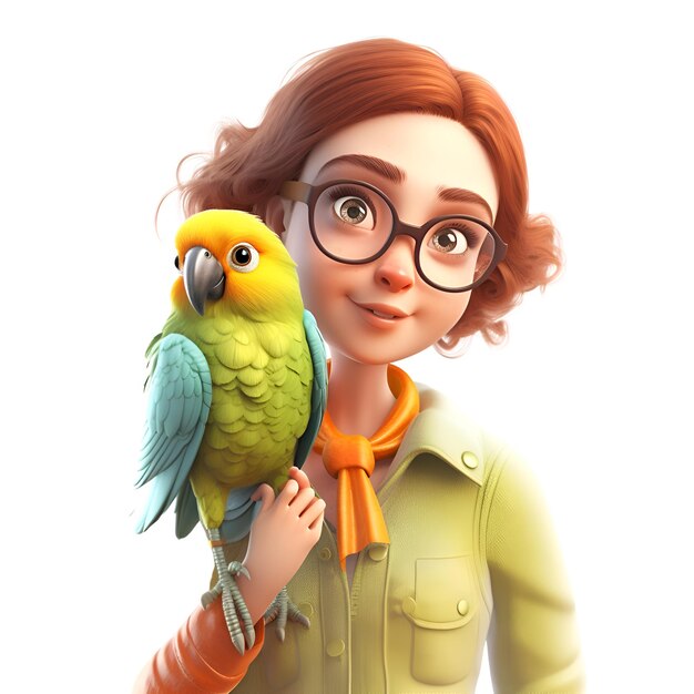 3d illustration of a girl with a parrot in her hands