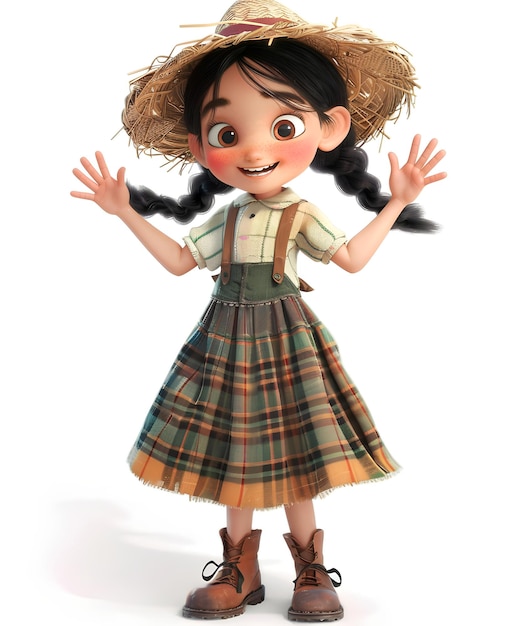 Photo 3d illustration girl with plaid dress and straw hat