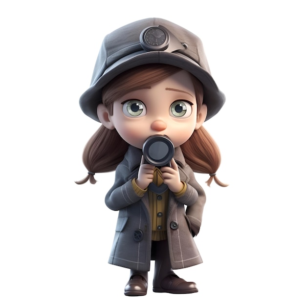 3D illustration of a girl with a police cap and a binocular