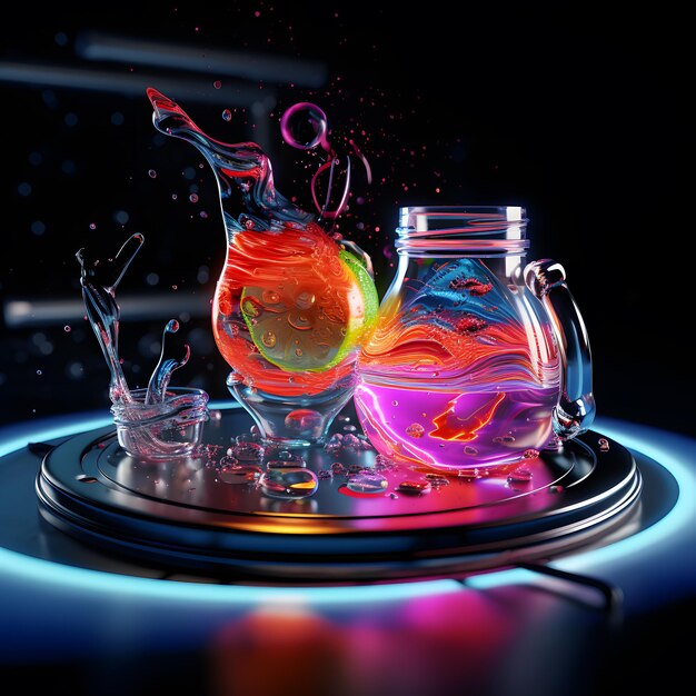 Photo 3d illustration of glass and jars filled with colorful magic inside on a dark background