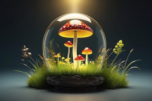 3d illustration glass in side with mushroom with grass and yellow light