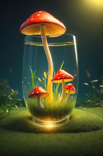 3d illustration glass in side with mushroom with grass and yellow light