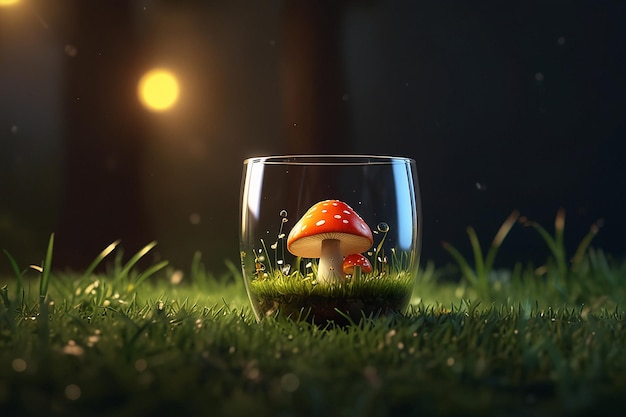 3d illustration glass in side with mushroom with grass and yellow light