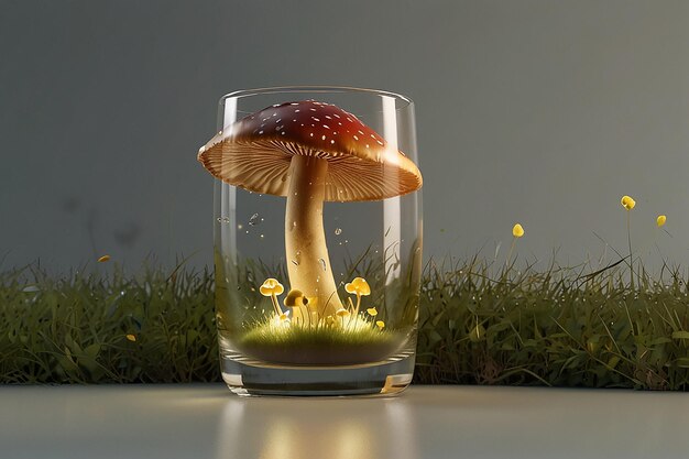 3d illustration glass in side with mushroom with grass and yellow light