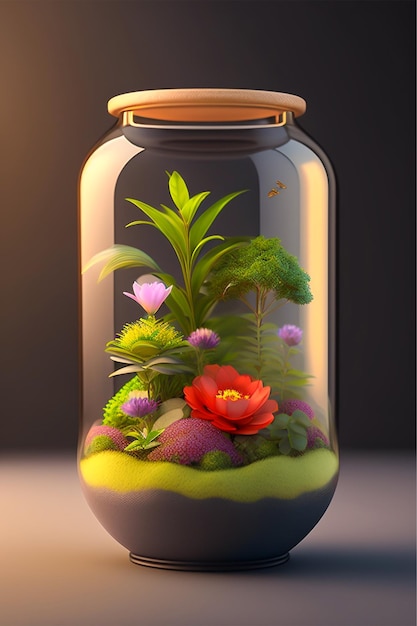 3d illustration glass vase plant inside jar