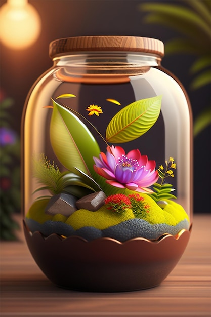 3d illustration glass vase plant inside jar