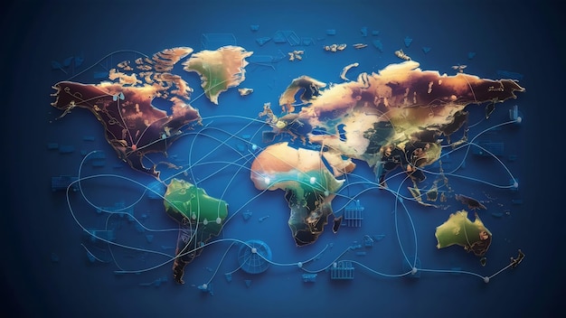 3Dイラスト 現代のグローバル・クリエイティブ・コミュニケーションとインターネット・ネットワークの地図