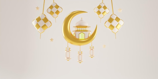 Illustrazione 3d oro ornamento islamico modello di post sui social media con lanterna ketupat e moschea