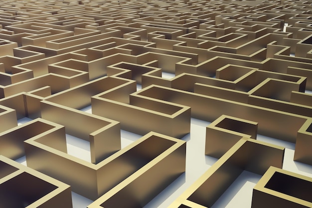 3d illustration gold labyrinth, complex problem solving concept