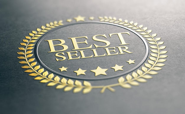 Photo 3d illustration of a golden best seller award over black paper background