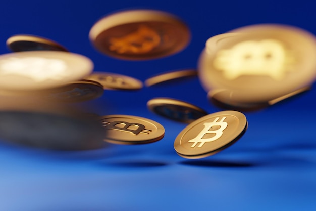 3d illustration golden bitcoin coin flying on a blue background. Bitcoin symbol in cryptocurrency