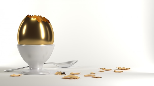 3d illustration. Golden egg on the table. Food products and diet. Benefit for health