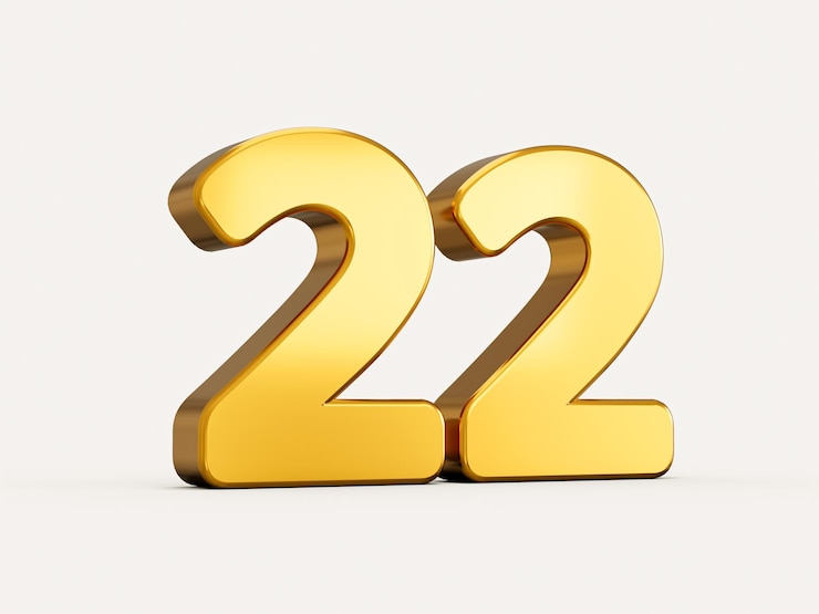 Photo 3d illustration of golden number 22 or twenty two isolated on beige background with shadow