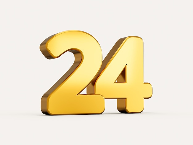 3d illustration of golden number 24 or twenty four isolated on beige background with shadow