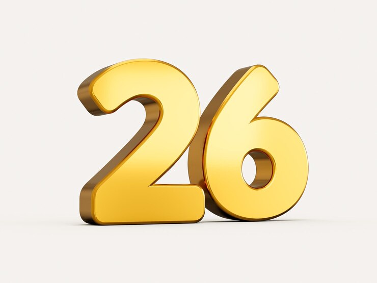 Photo 3d illustration of golden number 26 or twenty six isolated on beige background with shadow