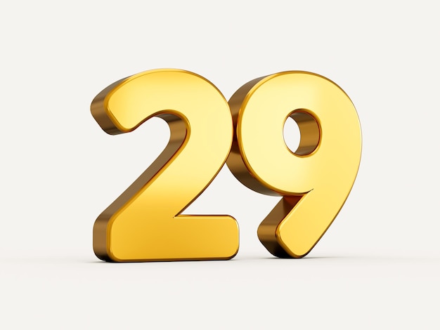 3d illustration of golden number 29 or twenty nine isolated on beige background with shadow