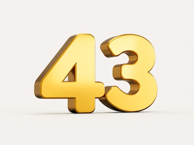 3d illustration of golden number 43 or forty three isolated on beige background with shadow