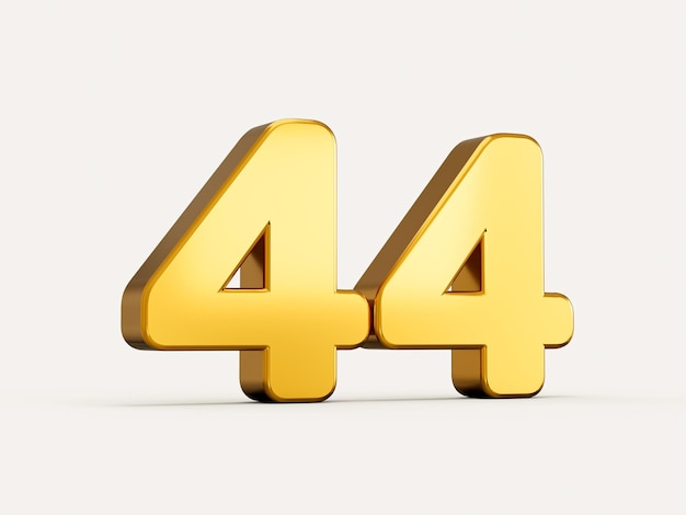 3d illustration of golden number 44 or forty four isolated on beige background with shadow