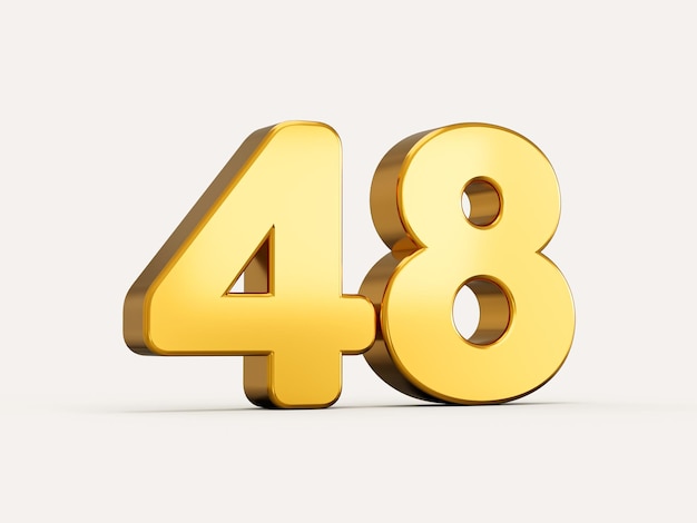 3d illustration of golden number 48 or forty eight isolated on beige background with shadow for web and print