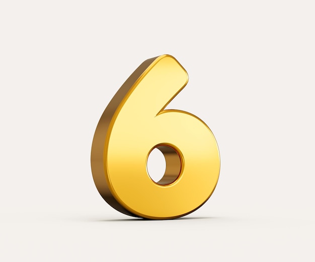 3d illustration of golden number 6 or six isolated on beige background with shadow