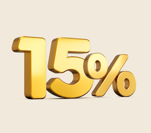 3d illustration of golden number fifteen percent or 15 percent on a beige background with shadow