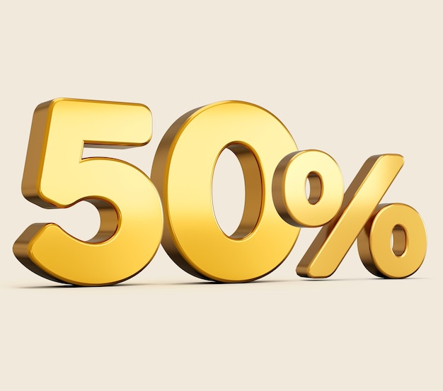 3d illustration of golden number fifty percent or 50 isolated on beige background with shadow