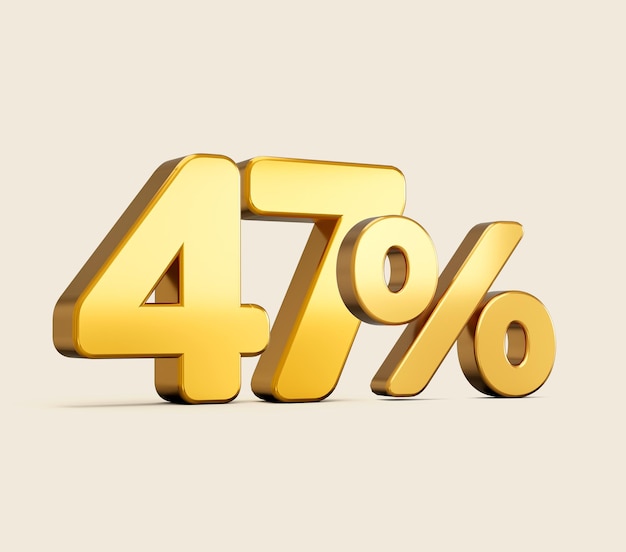 3d illustration of golden number forty seven percent or 47 isolated on beige background with shadow