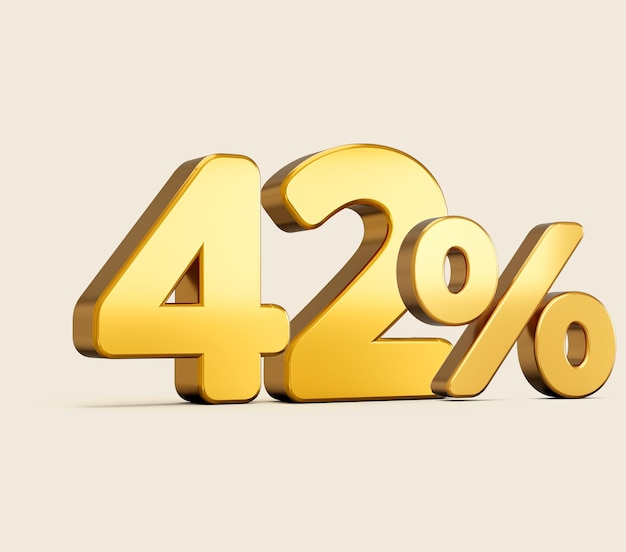 3d illustration of golden number forty two percent or 42 isolated on beige background with shadow