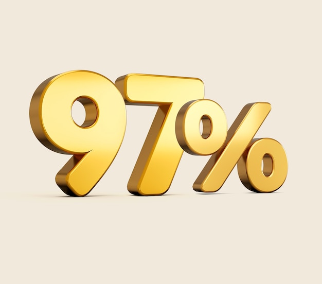 3d illustration of golden number ninety seven percent or 97 isolated on beige background with shadow