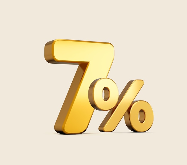 3d illustration of golden number seven percent or 7 percent isolated on beige background with shadow