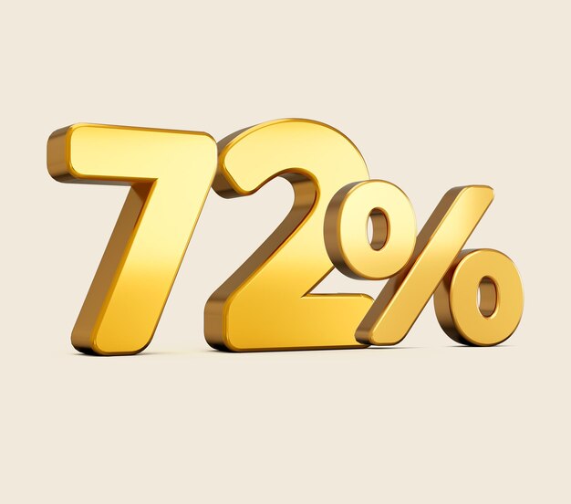 3d illustration of golden number seventy two percent or 72 isolated on beige background with shadow