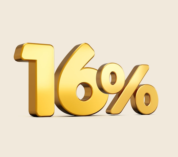 3d illustration of golden number sixteen percent or 16 percent on a beige background with shadow