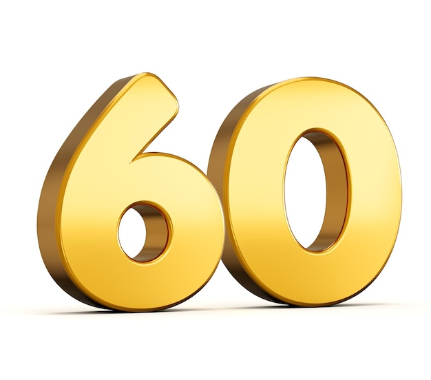 3d illustration of golden number sixty or 60 isolated on white background with shadow