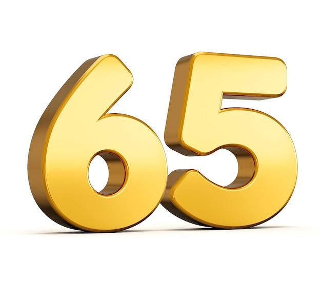 3d illustration of golden number sixty five or 65 isolated on white background with shadow